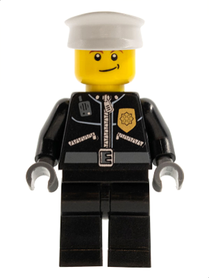 Lego, Minifigure, City, Town, Police - City Leather Jacket with Gold Badge and 'POLICE' on Back, White Hat, Lopsided Smile, CTY0256