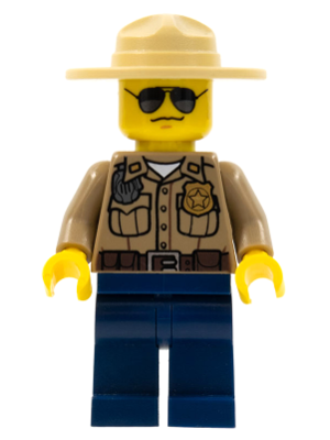 Lego, Minifigure, City, Town, Forest Police - Dark Tan Shirt with Pockets, Radio and Gold Badge, Dark Blue Legs, Campaign Hat, Black and Silver Sunglasses, CTY0264