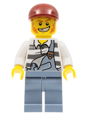 Lego, Minifigure, City, Town, Police, Police - Jail Prisoner Torn Overalls over Prison Stripes, Sand Blue Legs, Dark Red Short Bill Cap, CTY0265