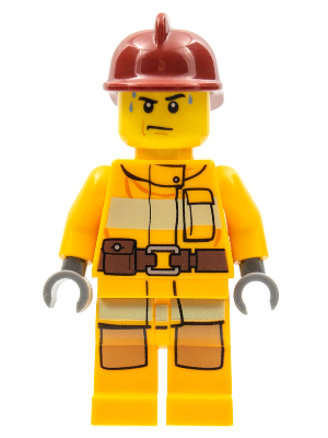 Lego, Minifigure, City, Police, Fire - Bright Light Orange Fire Suit with Utility Belt, Dark Red Fire Helmet, Sweat Drops, Cty0279