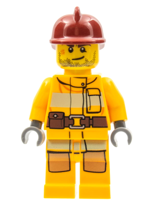Lego, Minifigure, City, Town, Fire - Bright Light Orange Fire Suit with Utility Belt, Dark Red Fire Helmet, Crooked Smile and Scar, CTY0302