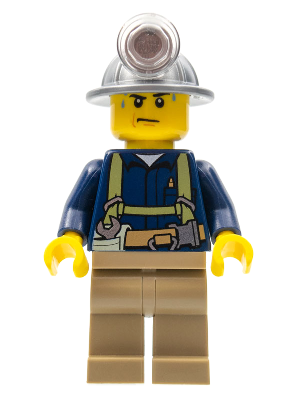Lego, Minifigure, City, Construction, Miner, Shirt with Harness and Wrench, Dark Tan Legs, Mining Helmet, Sweat Drops, CTY0311