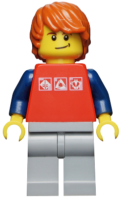 Lego, Minifigure, City, Red Shirt with 3 Silver Logos, Dark Blue Arms, Light Bluish-Gray Legs, Dark Orange Hair, CTY0312