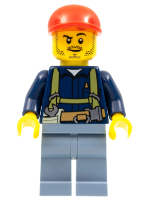 Lego, Minifigure, City, Town, Miner - Shirt with Harness and Wrench, Sand Blue Legs, Red Short Bill Cap, CTY0333
