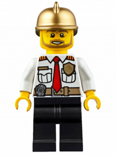 Lego, Minifigure, City, Fire Chief - White Shirt with Tie and Belt, Black Legs, Gold Fire Helmet, CTY0350