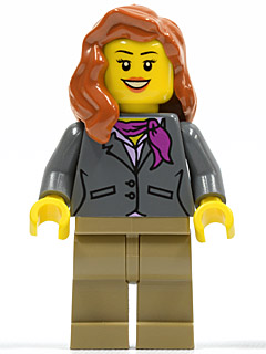 Lego, Minifigure, City, Town, Dark Bluish Gray Jacket with Magenta Scarf, Dark Tan Legs, Dark Orange Female Hair over Shoulder, CTY0370