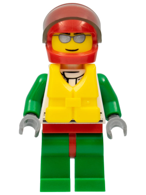 Lego, Minifigure, City, Octan - Jacket with Red and Green Stripe, Red Hips and Green Legs, Red Helmet, Trans-Brown Visor, Silver Sunglasses, Life Jacket Center Buckle, CTY0373