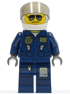 Lego, Minifigure, City, Town, Police, Forest Police, Helicopter Pilot, Dark Blue Flight Suit with Badge, Helmet, Black and Silver Sunglasses, NO Eyebrows, CTY0383