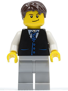 Lego, Minifigure, City, Police, Black Vest with Blue Striped Tie, Light Bluish Gray Legs, White Arms, Dark Brown Short Tousled Hair, Crooked Smile, CTY0395