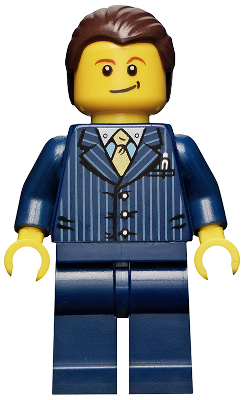 Lego, Minifigure, City, Businessman Pinstripe Jacket and Gold Tie, Dark Blue Legs, Dark Brown Hair, Crooked Smile, CTY0460