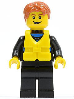 Lego, Minifigure, City, Wetsuit with Blue Sign, Black Legs, Dark Orange Short Tousled Hair, Life Jacket Center Buckle, Open Grin, CTY0469