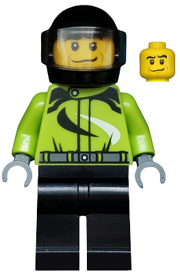 Lego, Minifigure, City, Town, Off-Road, Monster Truck Driver, Racing Suit with Black and White Swirls, Black Helmet with Trans-Brown Visor, Crooked Smile, CTY0475