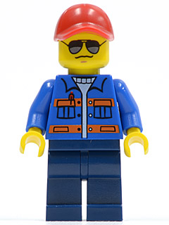 Lego, Minifigure, City, Town, Train, Blue Jacket with Pockets and Orange Stripes, Dark Blue Legs, Red Cap with Hole, Sunglasses, NO Back Print, CTY0500