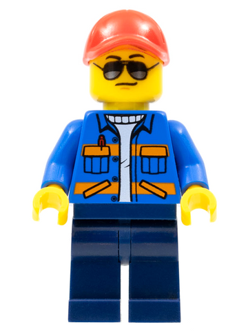 Lego, Minifigure, City, Town, Train, Blue Jacket with Diagonal Pockets and Orange Stripes, Dark Blue Legs, Red Cap with Hole, Sunglasses, NO Back Print, CTY0500a