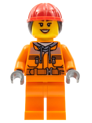 Lego, Minifigure, Town, City, Construction Worker - Female, Orange Safety Jacket, Reflective Stripe, Sand Blue Hoodie, Orange Legs, Red Construction Helmet with Dark Brown Ponytail Hair, Dark Orange Lips, cty0528