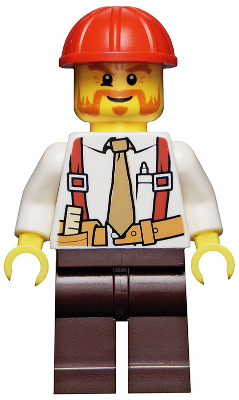 Lego, Minifigure, City, Construction Foreman - Shirt with Tie and Suspenders, Dark Brown Legs, Red Construction Helmet, cty0529