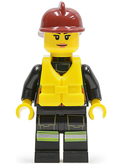 Lego, Minifigure, City, Fire - Reflective Stripe Vest with Pockets and Shoulder Strap, Dark Red Fire Helmet, Life Jacket Center Buckle, Female Pink Lips, CTY0538