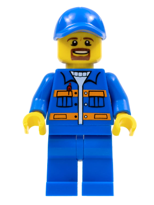 Lego, Minifigure, City, Blue Jacket with Pockets and Orange Stripes, Blue Legs, Blue Cap with Hole, Brown Moustache and Goatee, cty0556