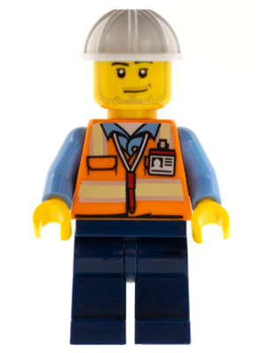 Lego, Minifigure, City, Space Engineer, Male, Orange Vest, Dark Blue Legs, White Construction Helmet, Stubble, cty0557