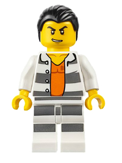 Lego, Minifigure, City, Town, Police - Jail Prisoner Shirt with Prison Stripes and Orange Undershirt, Striped Legs, Hair Combed, CTY0613