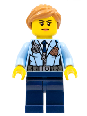 Lego, Minifigure, City, Town, Police - City Officer Female, Jacket with Dark Blue Tie, Radio and Gold Badge, Dark Blue Legs, Medium Nougat Ponytail and Swept Sideways Fringe CTY0620