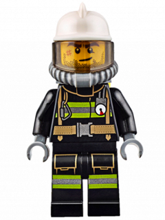 Lego, Minifigure, City, Town, Fire - Reflective Stripes with Utility Belt, White Fire Helmet, Breathing Neck Gear with Air Tanks, Trans-Brown Visor, Beard Stubble, CTY0628