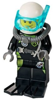 Lego, Minifigure, City, Town, Fire, Scuba Diver, Black Flippers, Dark Bluish Gray Scuba Tank, White Helmet, Trans-Light Blue Scuba Mask, CTY0639