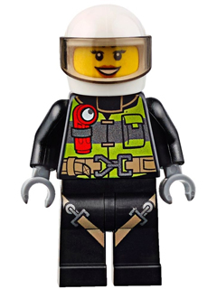 Lego, Minifigure, City, Town, Fire - Reflective Stripes with Utility Belt and Flashlight, White Helmet, Trans-Brown Visor, Dark Orange Lips Open Mouth Smile, CTY0651