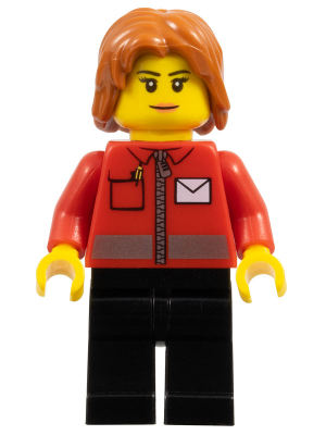 Lego, Minifigure, City, Town, Post Office White Envelope and Stripe, Black Legs, Dark Orange Mid-Length Tousled Hair, CTY0676