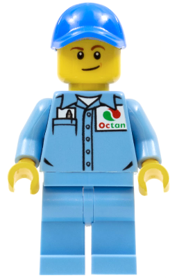 Lego, Minifigure, City, Medium Blue Uniform Shirt with Pocket and Octan Logo, Medium Blue Legs, Blue Cap with Hole, Lopsided Smile, CTY0689