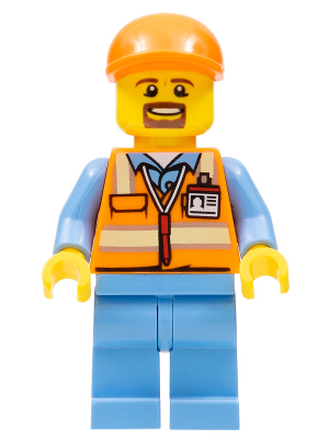 Lego, Minifigure, City, Town, Airport, Orange Safety Vest with Reflective Stripes, Medium Blue Legs, Orange Short Bill Cap, Goatee, CTY0704