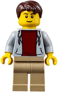 Lego, Minifigure, City, Town, Airport, Light Bluish Gray Hoodie with Dark Red Shirt, Dark Tan Legs, Dark Brown Tousled Hair, Thin Grin, CTY0707