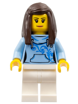 Lego, Minifigure, City, Pizza Van Customer Female, Bright Light Blue Hoodie with Swirl Flower Pattern, Dark Brown Hair, cty0710