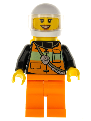 Lego, Minifigure, City, Fire - Female, Reflective Stripe Vest with Pockets and Shoulder Strap, Orange Legs, White Helmet, Yellow Air Tanks, cty0736