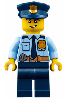 Lego, Minifigure, City, Town, Police, City Shirt with Dark Blue Tie and Gold Badge, Dark Tan Belt with Radio, Dark Blue Legs, Police Hat with Gold Badge, Lopsided Grin, CTY0743