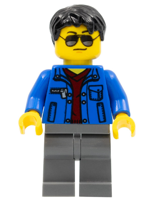 Lego, Minifigure, City, Town, Blue Jacket over Dark Red V-Neck Sweater, Dark Bluish Gray Legs, Black Short Tousled Hair, Silver Sunglasses, CTY0747