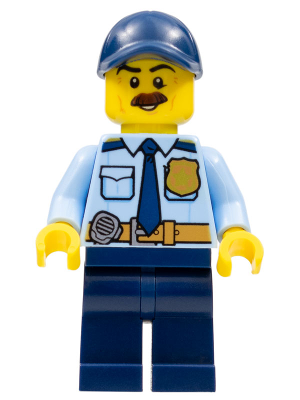 Lego, Minifigure, City, Police - City Shirt with Dark Blue Tie and Gold Badge, Dark Tan Belt with Radio, Dark Blue Legs, Dark Blue Cap with Hole, Brown Bushy Moustache, CTY0756