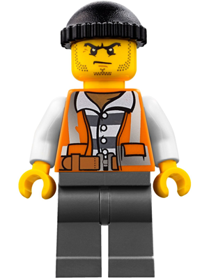 Lego, Minifigure, City, Police, Bandit Crook Orange Vest, Dark Bluish Gray Legs, Black Knit Cap, Beard Stubble and Scowl, cty0779
