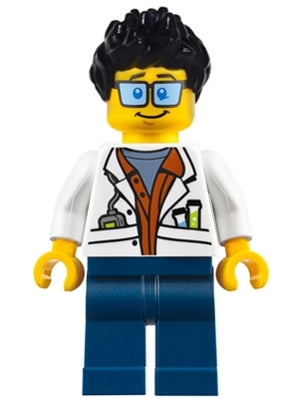 Lego, Minifigure, City, City Jungle Scientist - White Lab Coat with Test Tubes, Dark Blue Legs, Black Ruffled Hair, cty0788