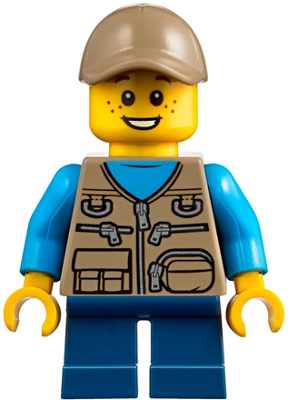 Lego, Minifigure, City, Child - Boy, Dark Tan Vest over Dark Azure Shirt, Dark Blue Short Legs, Dark Tan Cap, Freckles, CTY0845