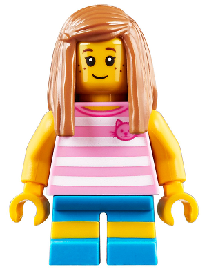 Lego, Minifigure, City, Town, Child - Girl, Bright Pink Striped Shirt with Cat Head, Dark Azure Short Legs with Molded Yellow Stripes, Medium Nougat Long Hair, Freckles, CTY0907