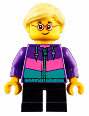Lego, Minifigure, City, Town, Child - Girl, Dark Purple Jacket, Black Short Legs, Bright Light Yellow Ponytail, Glasses, Freckles, cty0908
