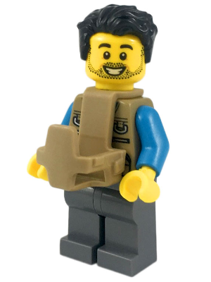 Lego, Minifigure, City, Town, Camper - Male, Dark Tan Vest over Dark Azure Shirt, Dark Bluish Gray Legs, Black Tousled Hair, Baby Carrier, CTY0919