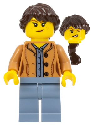 Lego, Minifigure, City, Town, Nature Photographer - Female, Medium Nougat Jacket, Sand Blue Legs, Dark Brown Hair Ponytail Long French Braided, cty0921