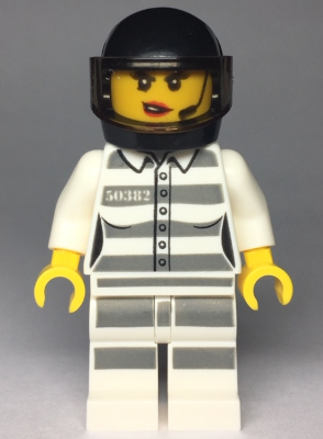 Lego, Minifigure, City, Police, Sky Police - Jail Prisoner 50382 Prison Stripes, Female, Scowl with Red Lips and Open Mouth, Black Helmet, CTY0998