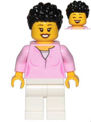 Lego, Minifigure, City, Town, Recreation, Mom, Bright Pink Female Top, White Legs, Black Hair Coiled and Short, CTY1018