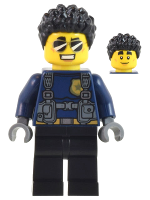 Lego, Minifigure, City, Police Officer - Male, Dark Blue Shirt with Harness, Black Legs, Black Coiled Hair, Sunglasses (Duke DeTain), cty1042
