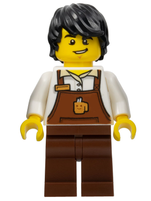 Lego, Minifigure, City, Barista - Male, Reddish Brown Apron with Cup and Name Tag, Reddish Brown Legs, Black Hair, cty1048