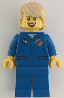 Lego, Minifigure, City, Town, Space Exploration, Astronaut - Female, Blue Jumpsuit, Tan Hair Tousled with Side Part, Freckles, Open Mouth Smile, CTY1067