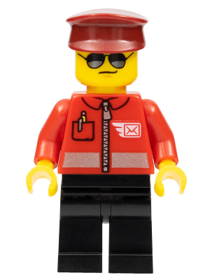 Lego, Minifigure, City, Town, Post Office - Airmail Letter Logo and Red Jacket with Zipper, Dark Red Hat, Black Legs, Sunglasses, cty1106
